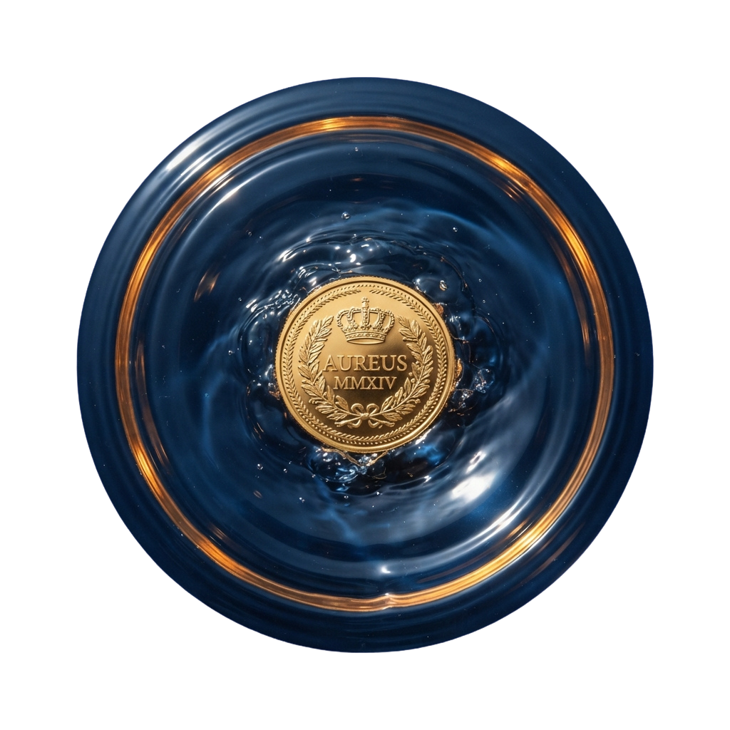 Close-up of a dark blue wine bottle with a gold-colored Aureus MMXIV medal label