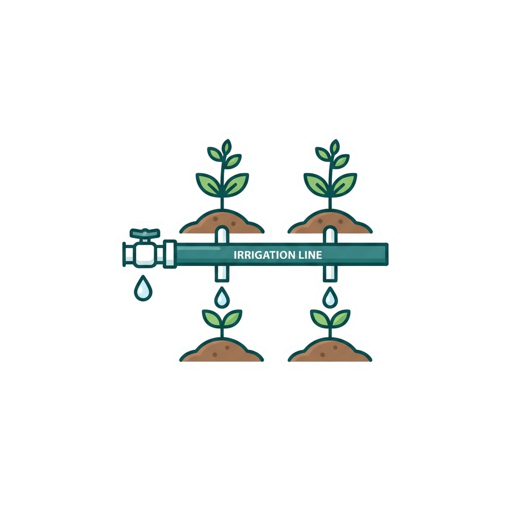 Illustration of an irrigation line supplying water to two plants growing in soil.