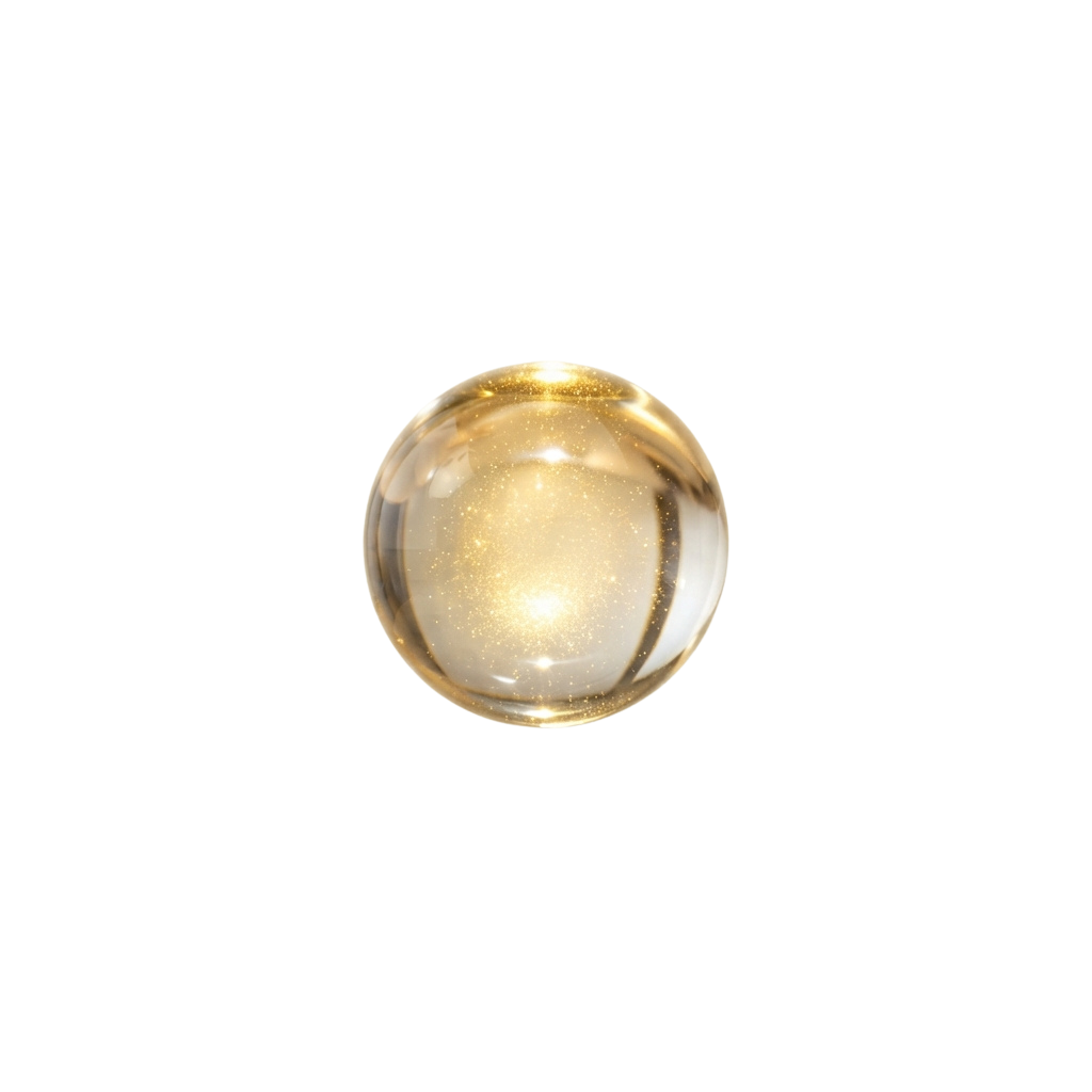 A close-up image of a round, transparent glass-like object with a smooth surface and slight reflections