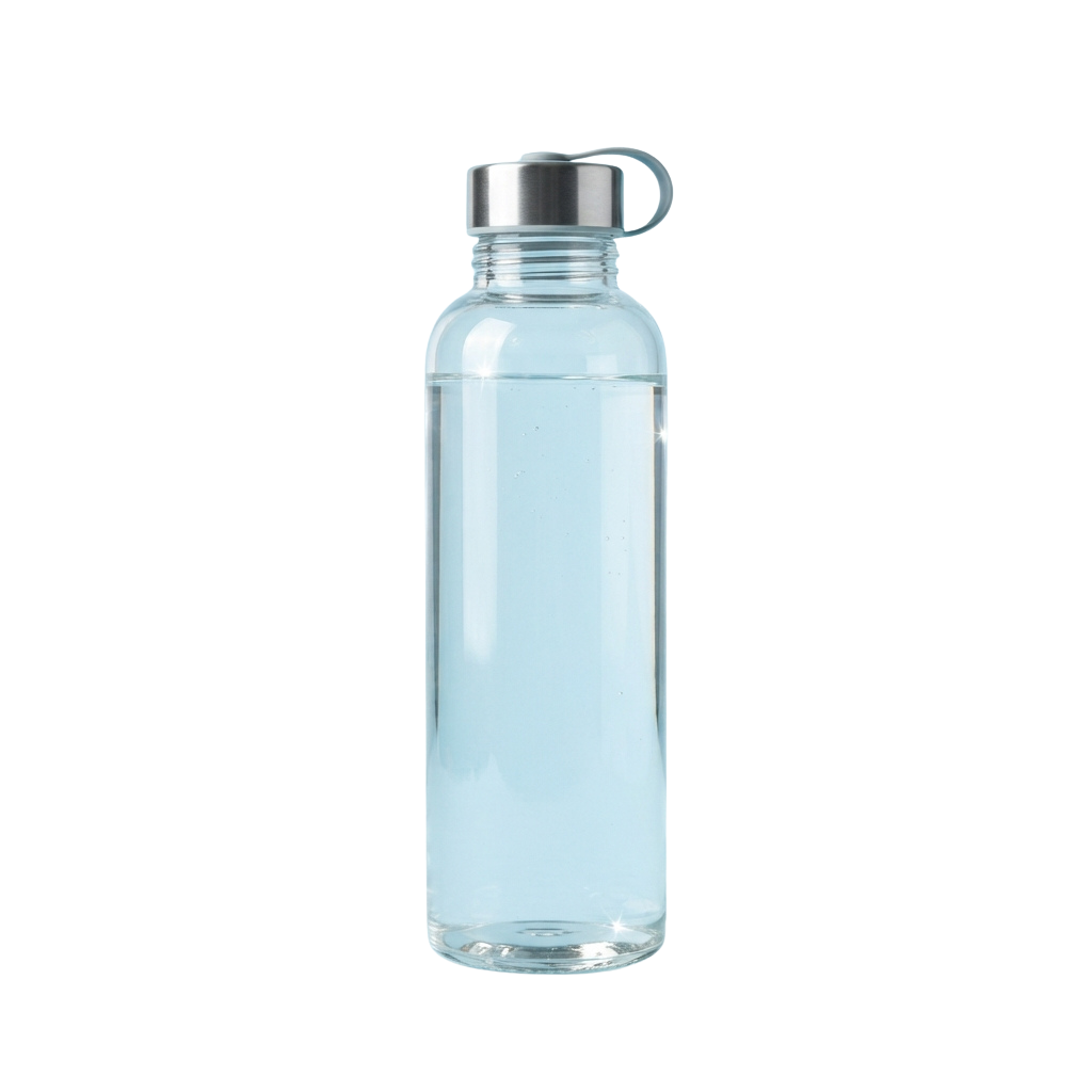 A clear glass water bottle with a metal lid and a small handle on the cap