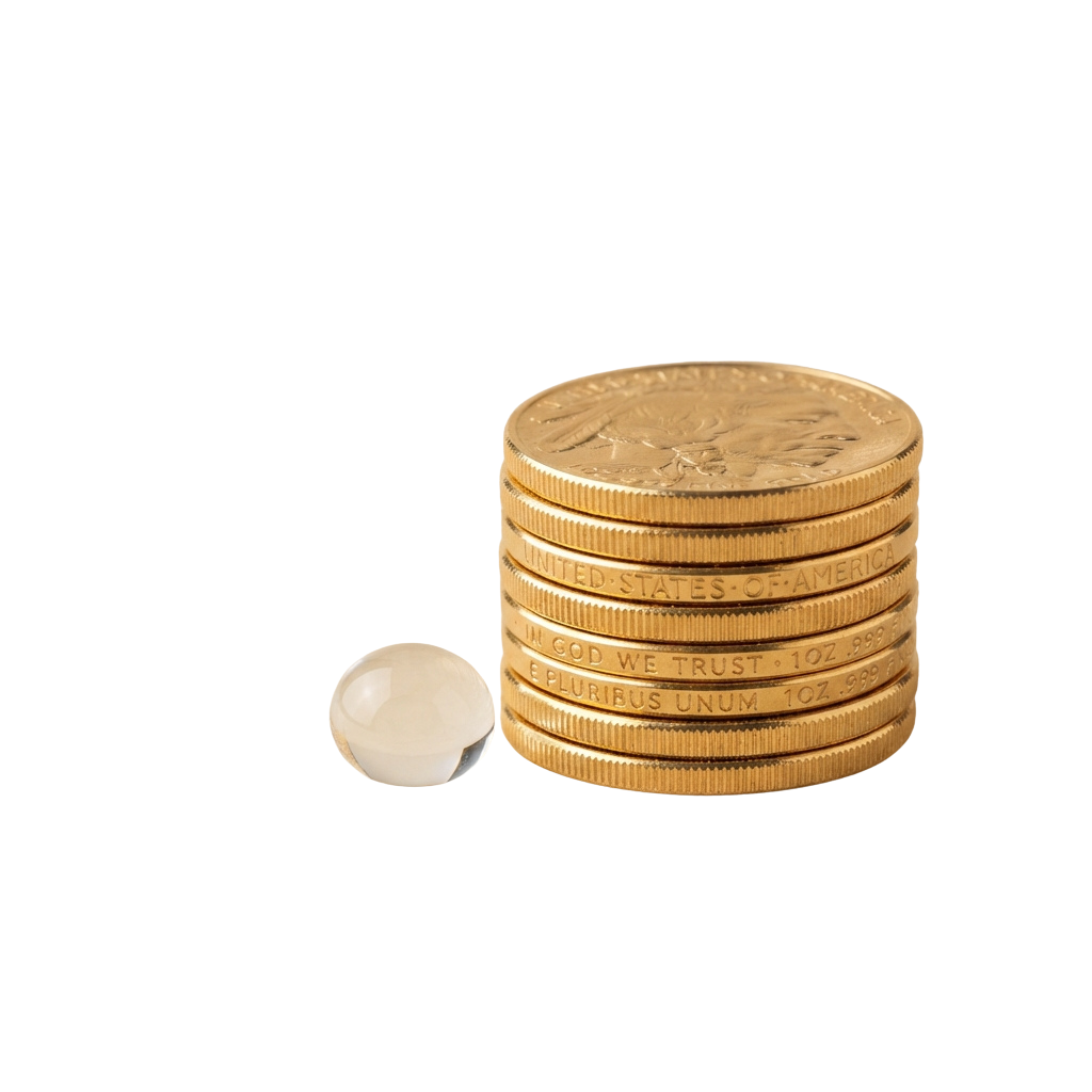 Stack of gold coins with one coin separated beside it on a black background