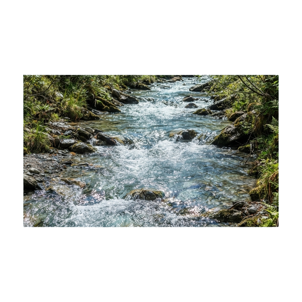 A clear stream flowing over rocks surrounded by lush green vegetation