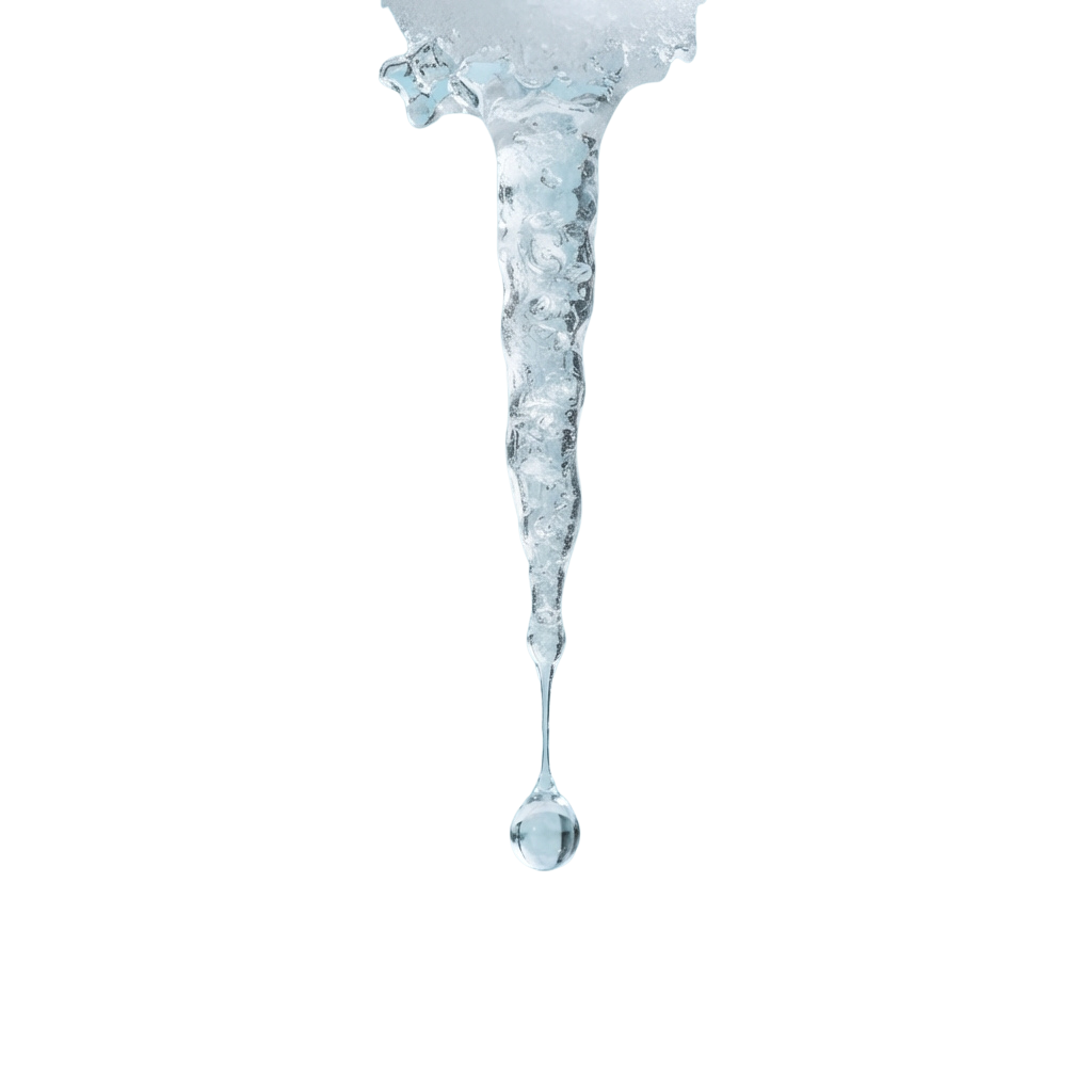 An icicle dripping a single water droplet against a dark background