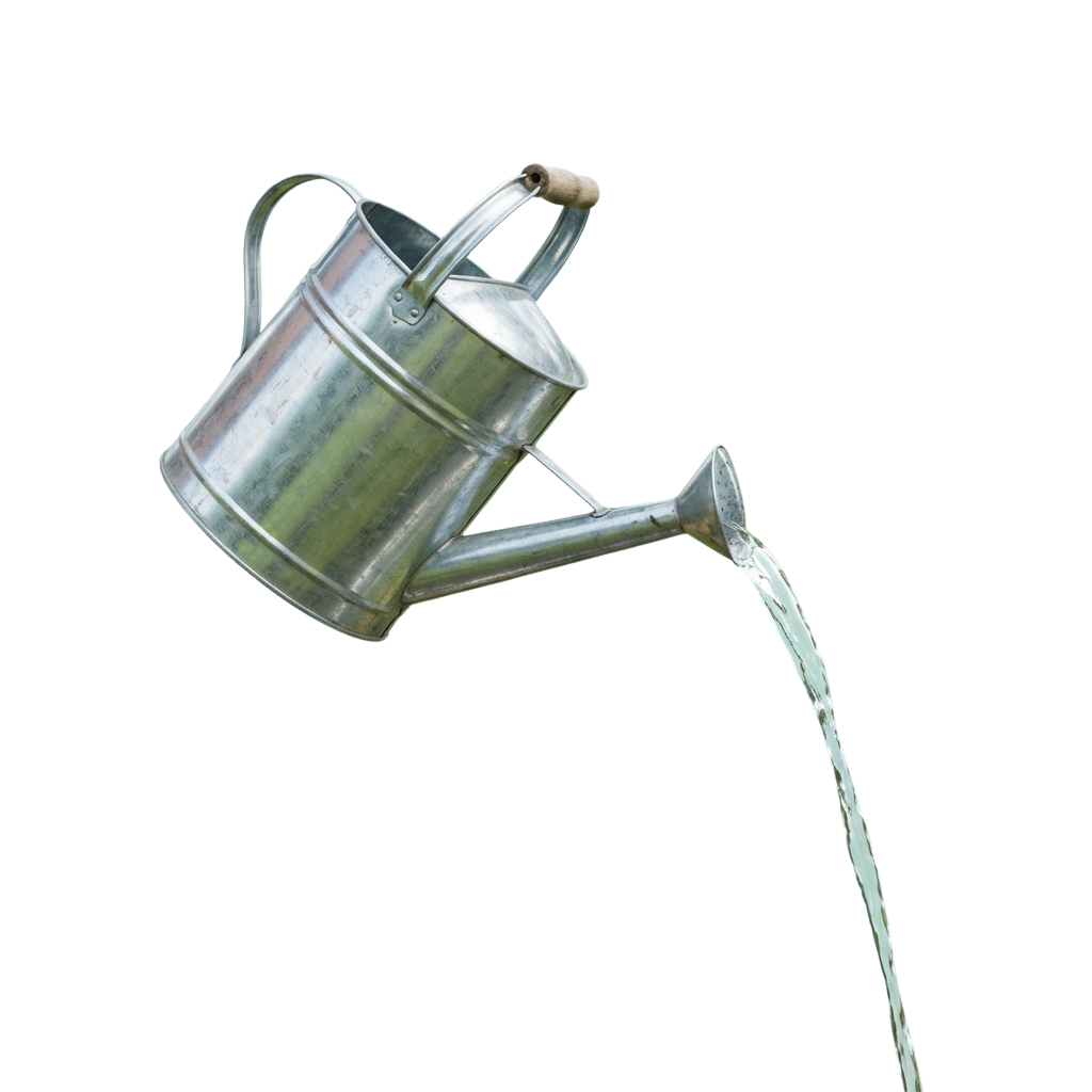 A metal watering can with water flowing from its spout against a dark background