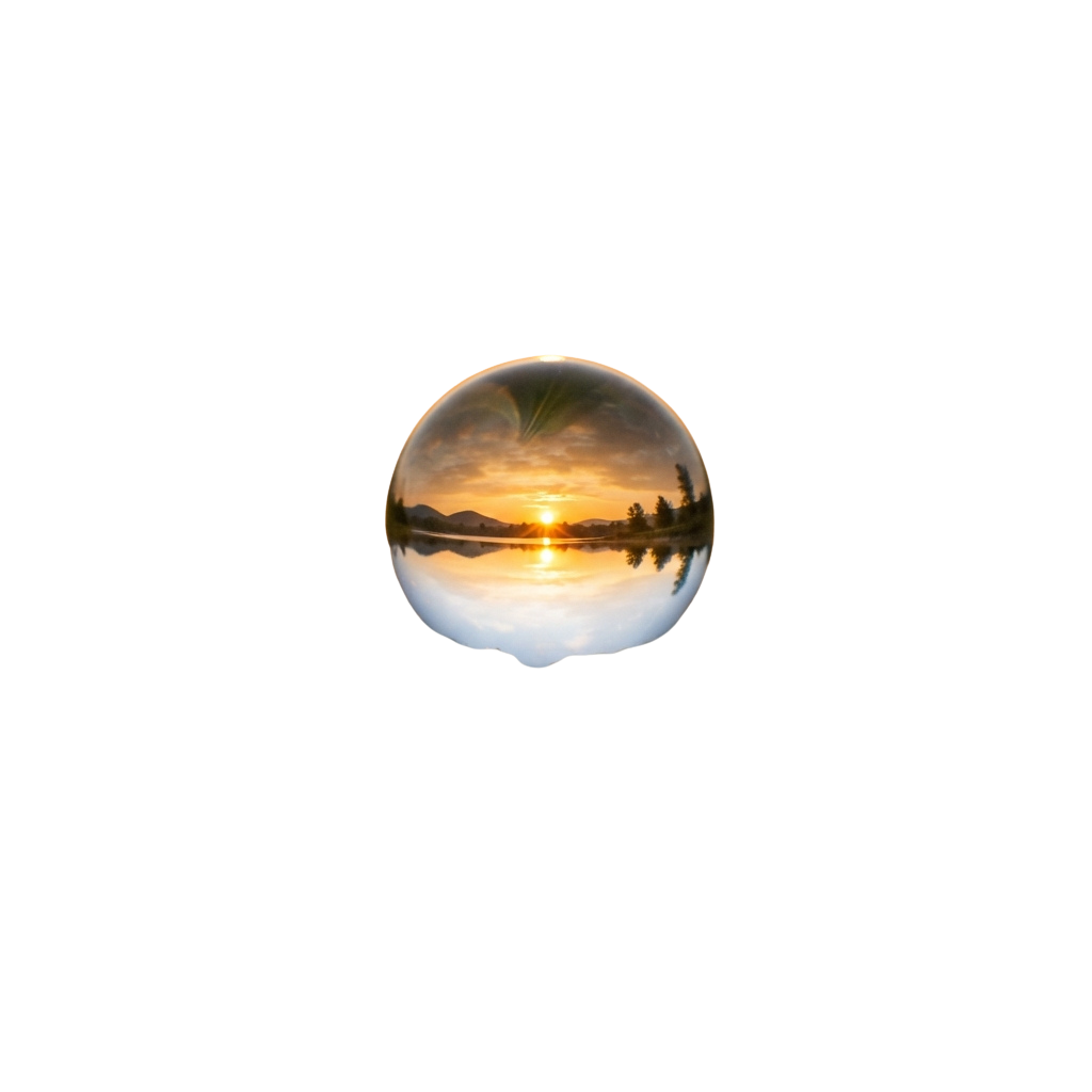 A glass sphere reflecting a sunset over a calm body of water with silhouetted trees and mountains