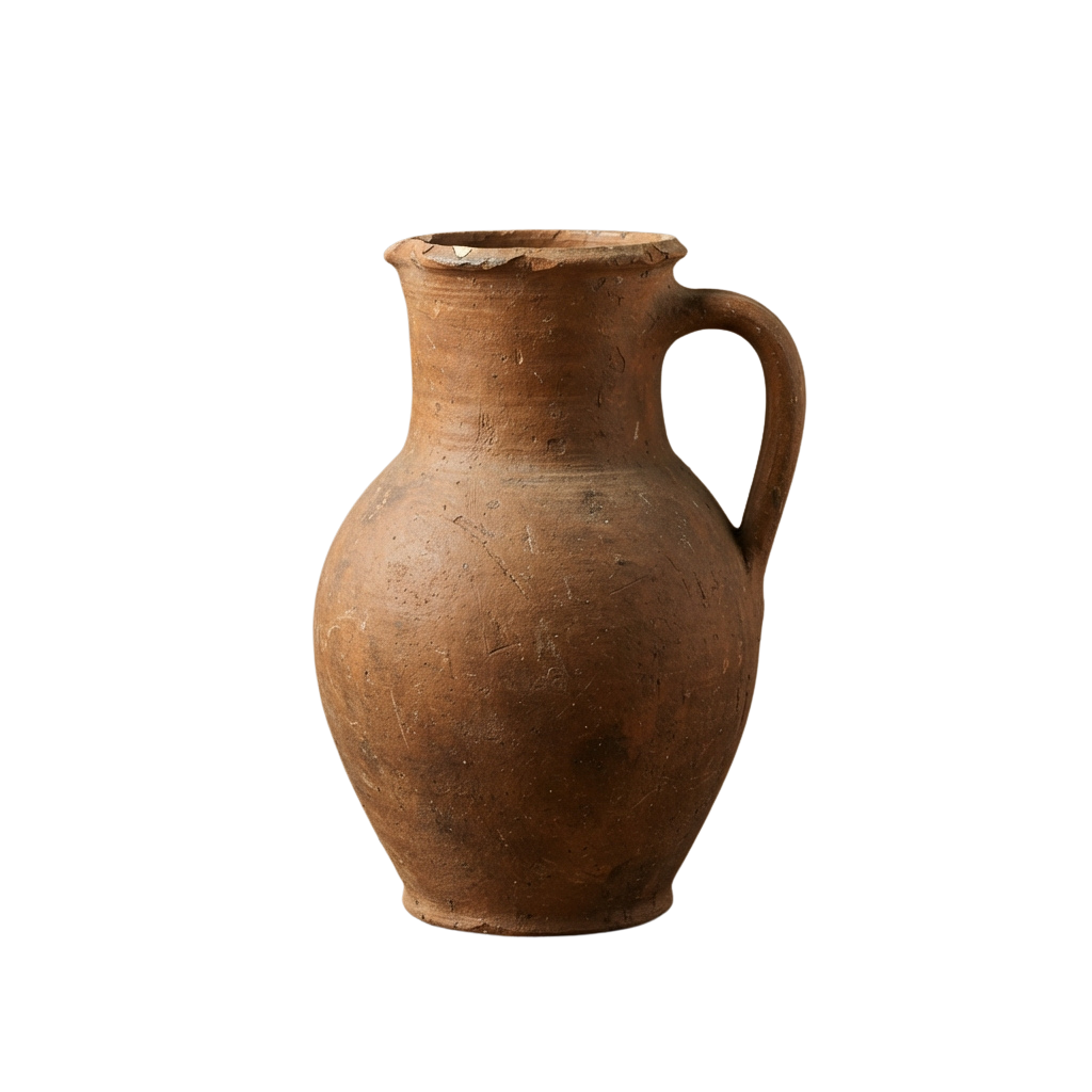 Terracotta jug with a narrow neck and single handle against a dark background
