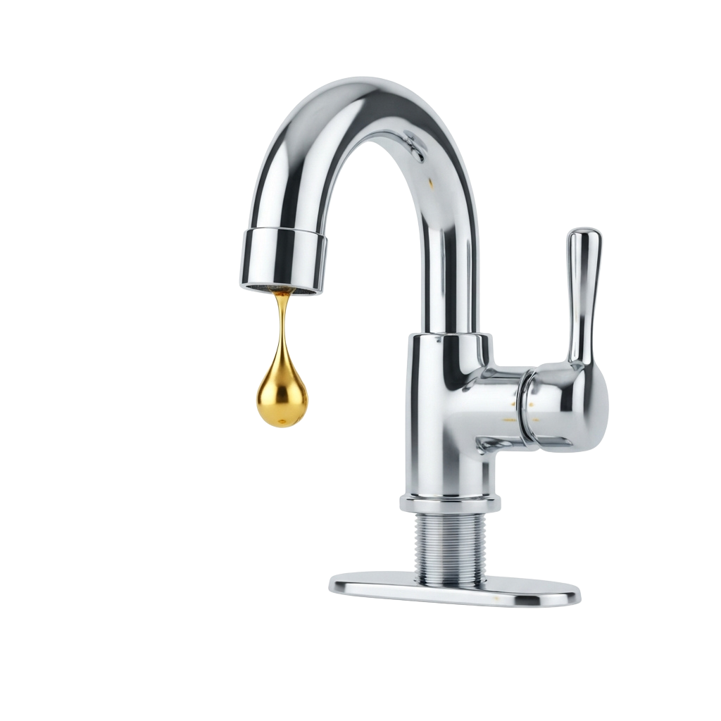 Chrome finish kitchen or bathroom faucet with a single stream of water dripping from the spout