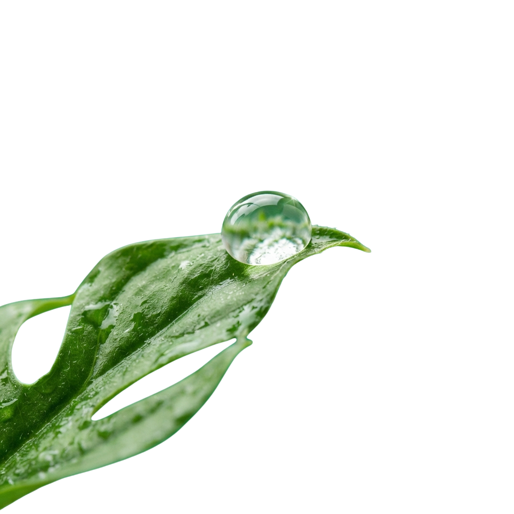 A close-up image of a water droplet resting on a green leaf with visible veins