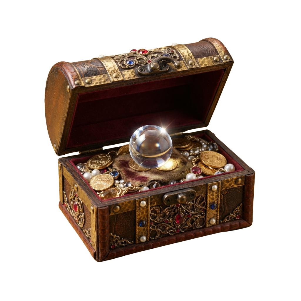 Open antique treasure chest filled with gold coins, pearls, and a crystal ball on a velvet interior
