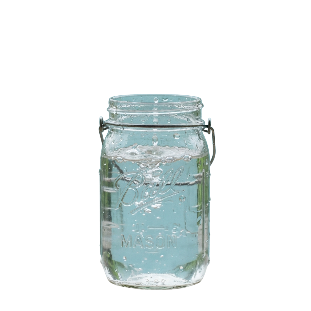 A clear glass mason jar with a metal clamp lid filled with water.
