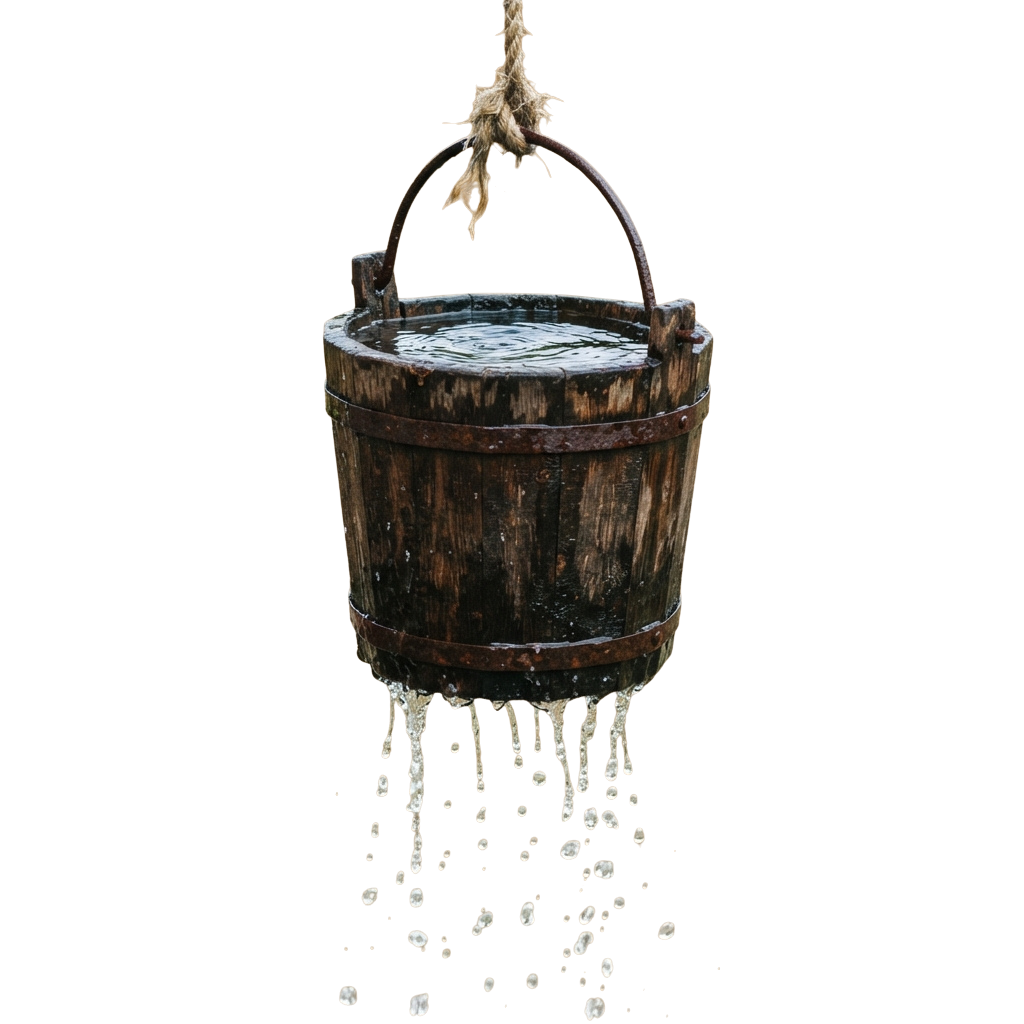 A rustic wooden bucket suspended by rope, dripping water onto a dark background