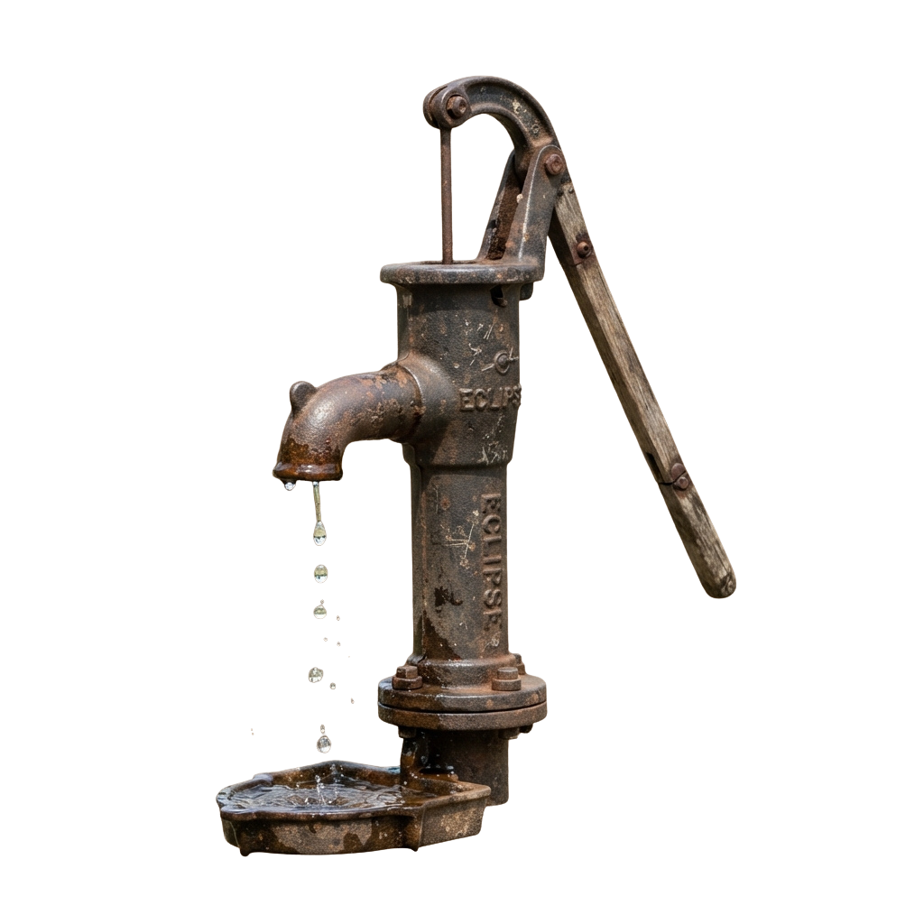 Old metal hand pump water fountain with water dripping from spout into basin