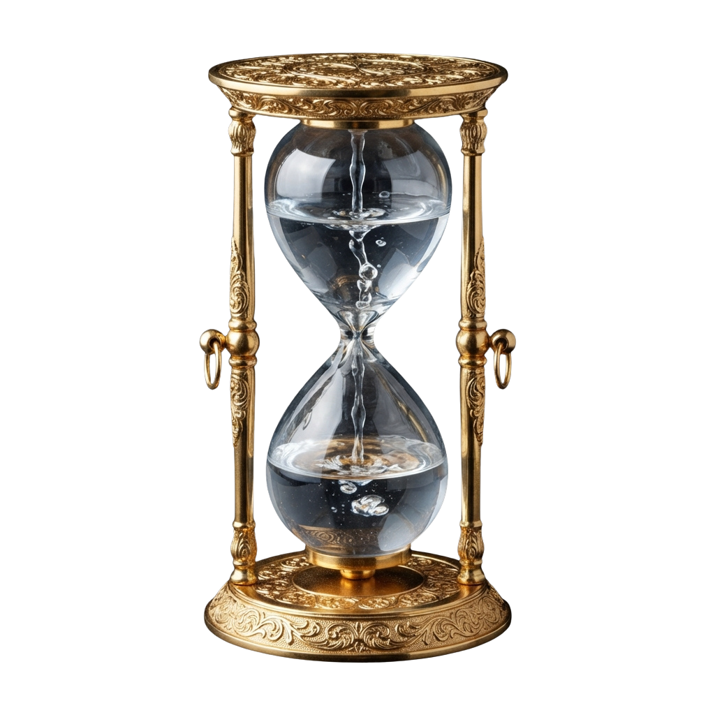 A decorative gold hourglass with ornate detailing and clear glass showing sand flowing between bulbs