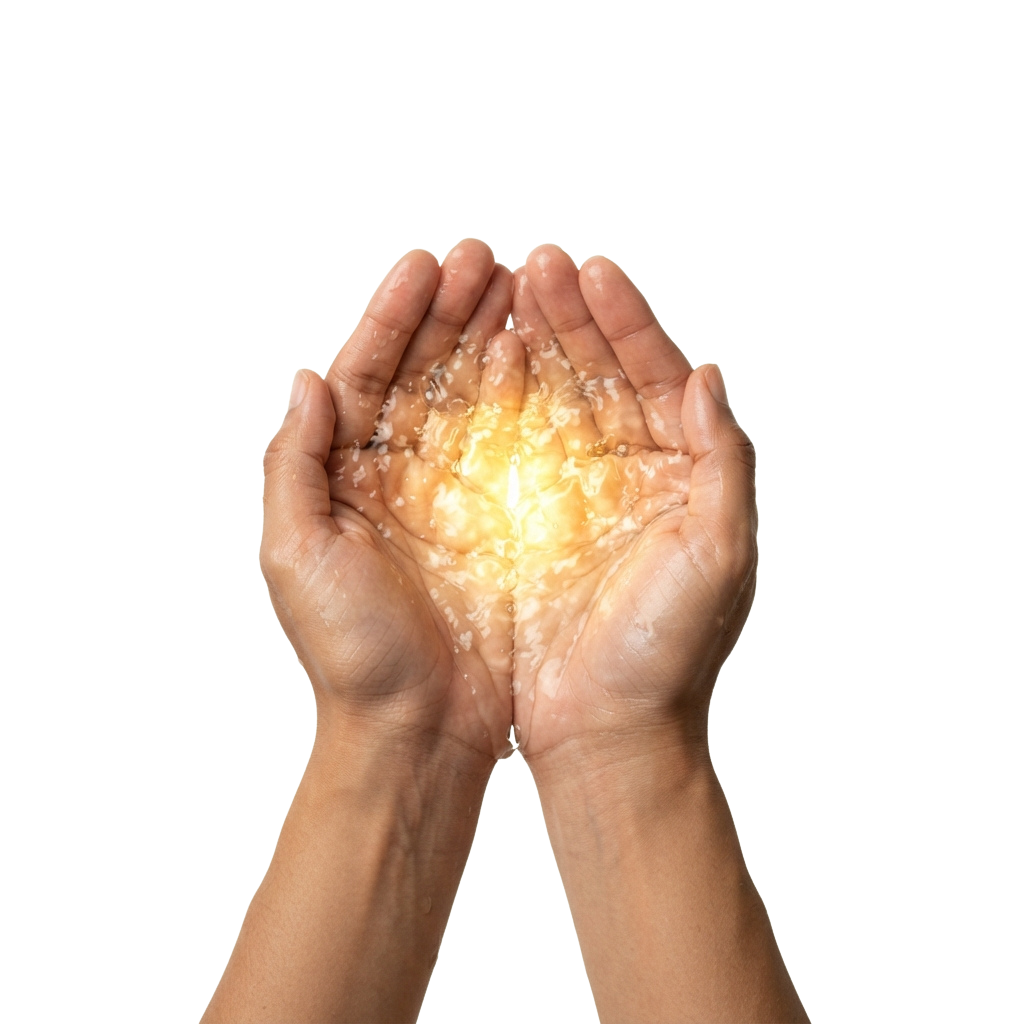Two hands cupping a bright, glowing fireball with sparks radiating outward against a dark background