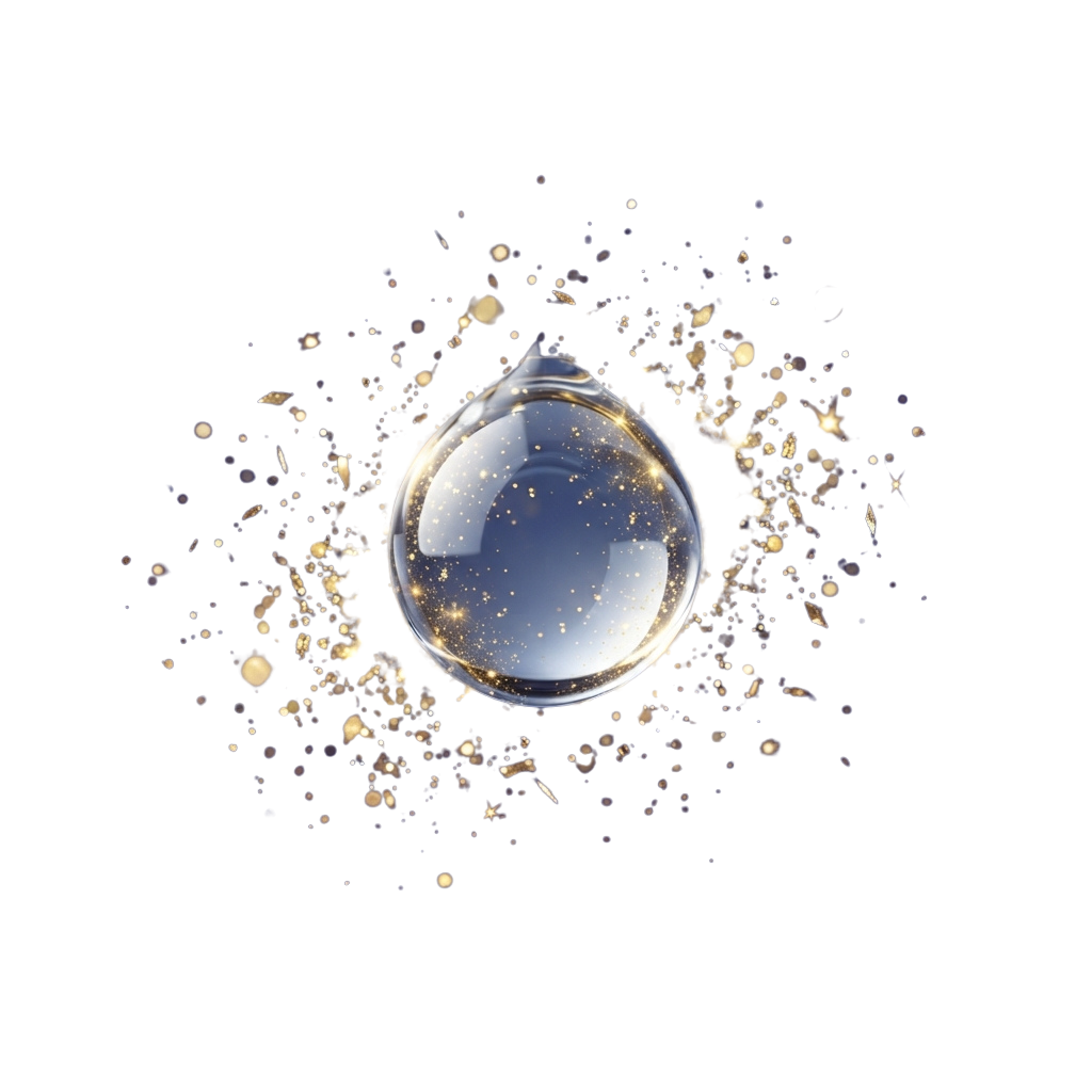 A glowing water droplet surrounded by golden sparkles on a dark background