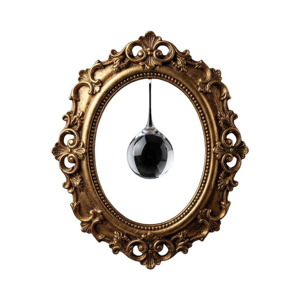 A decorative gold frame with intricate designs holding a hanging glass teardrop shape