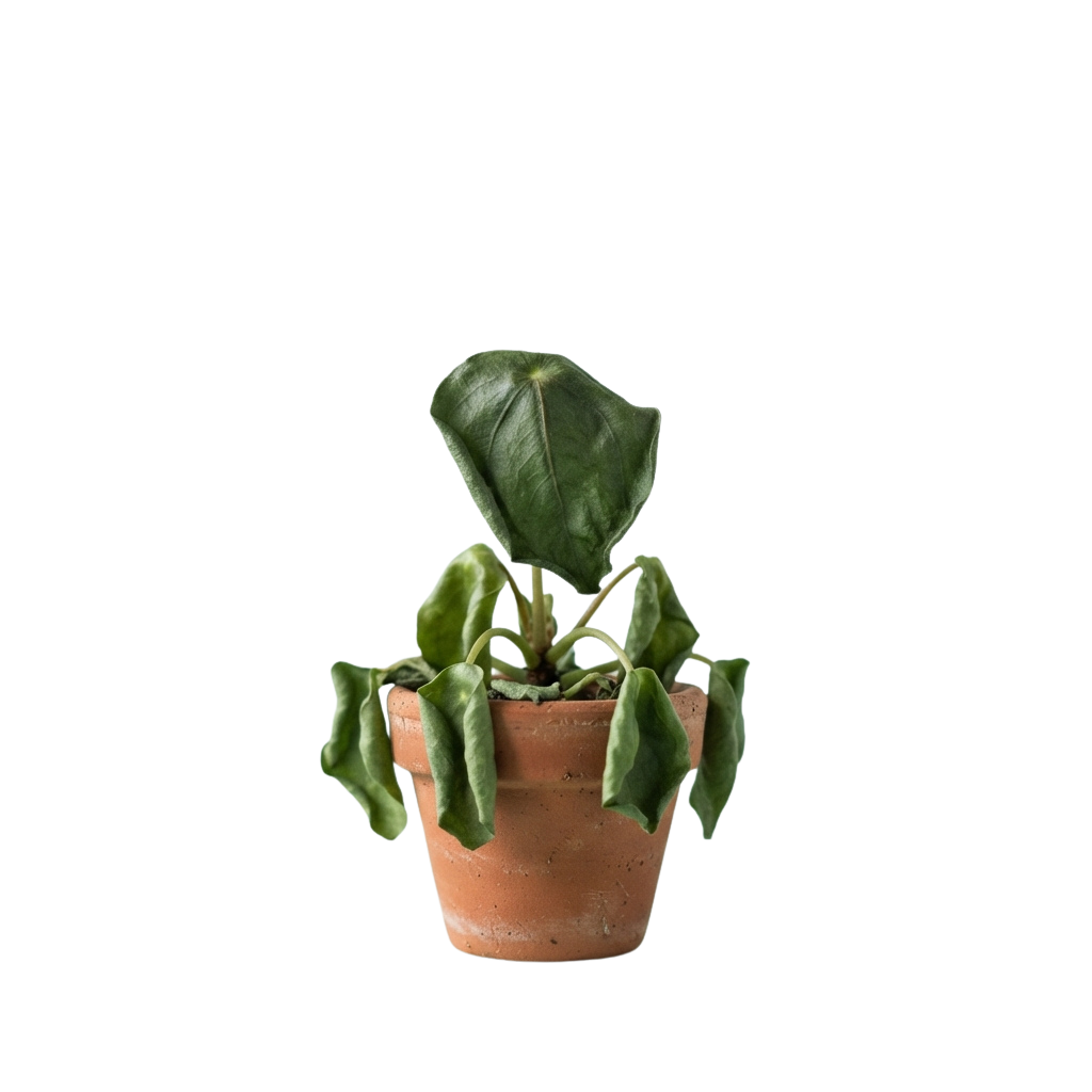 A small potted plant with broad green leaves growing in a terracotta pot