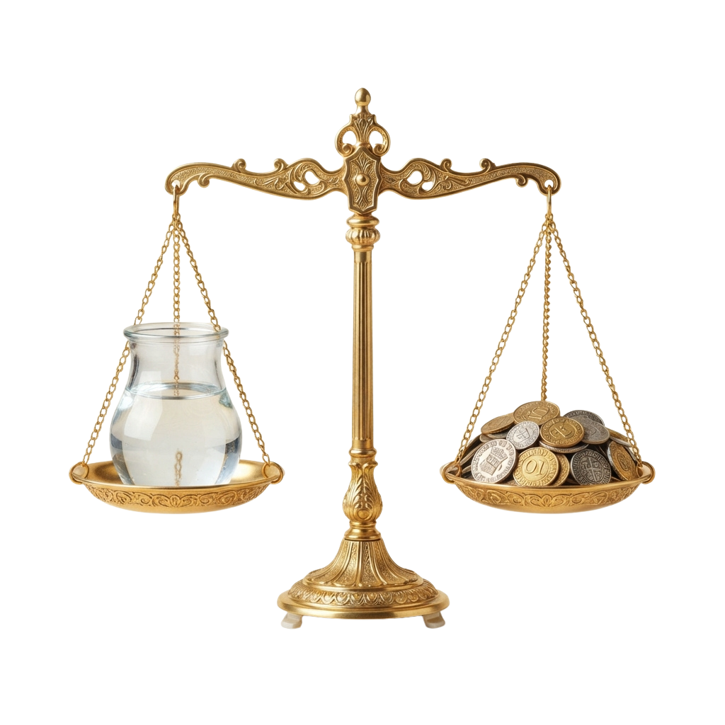 Golden balance scale with a glass of milk on one side and coins on the other