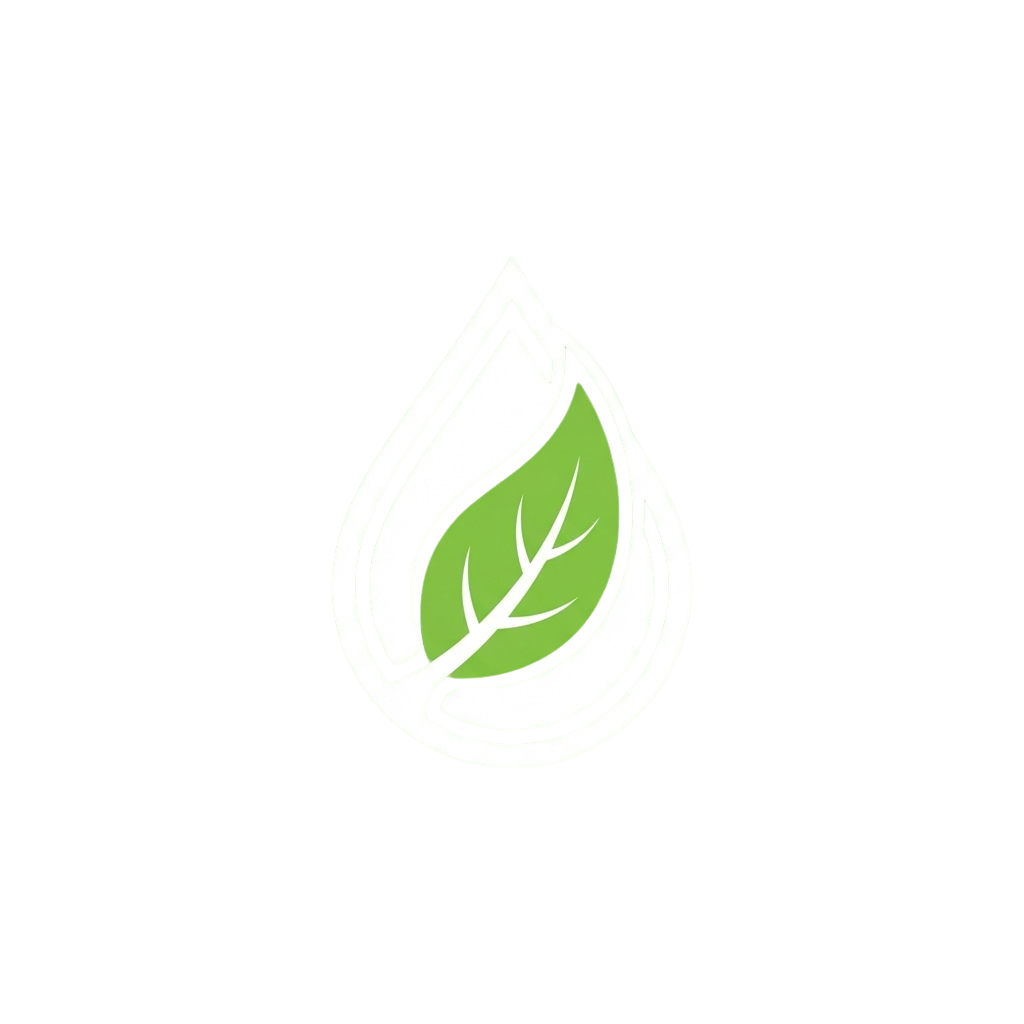 A white water droplet icon with a green leaf inside, set against a black background