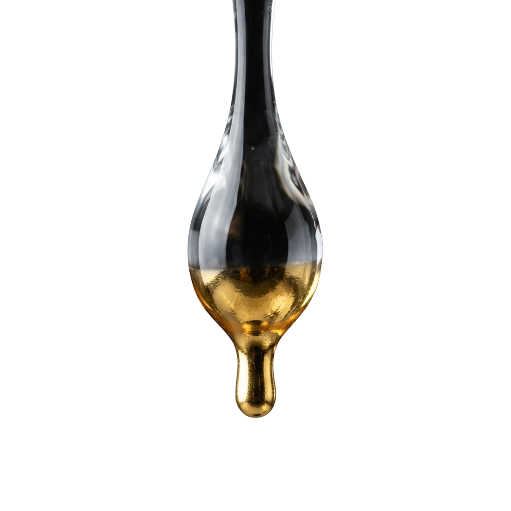 A glass dropper bottle with a golden liquid dripping from its tip against a black background