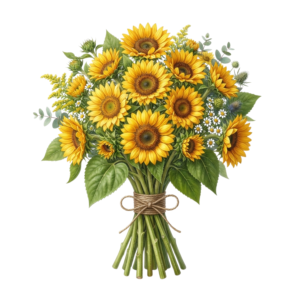 A vibrant bouquet of sunflowers tied with twine, surrounded by green leaves and small flowers