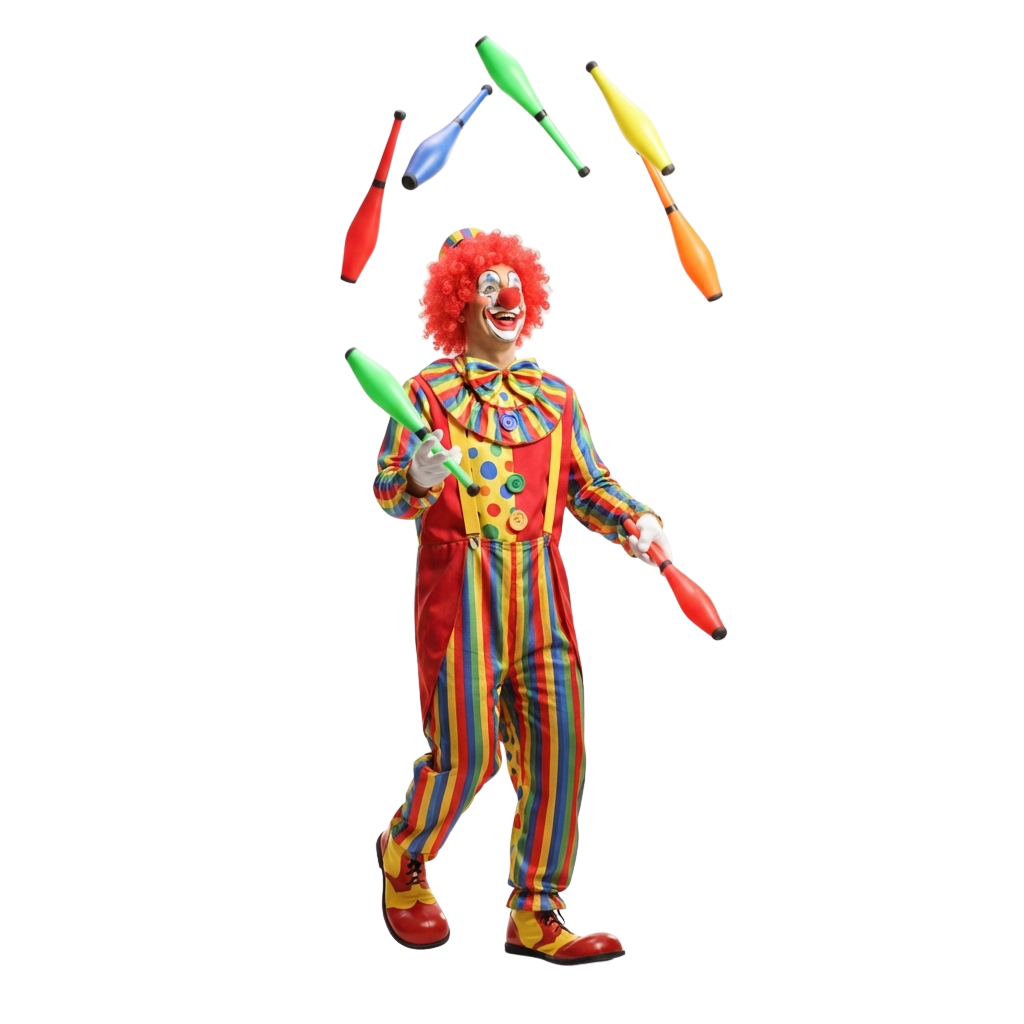 A clown in colorful striped suit juggling five balls and clubs mid-air