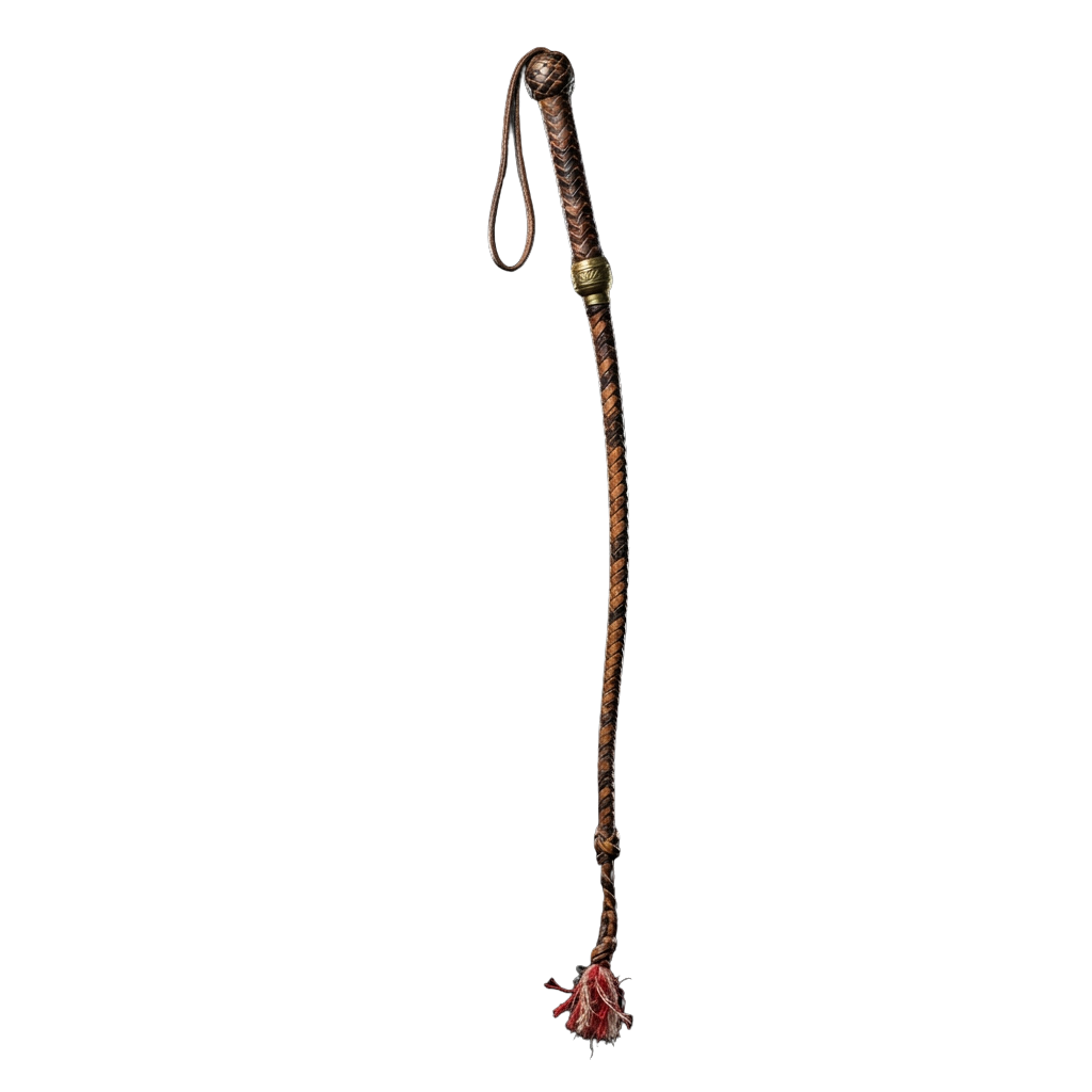 A braided leather whip with a tassel at the end and a decorative metal tip at the top.
