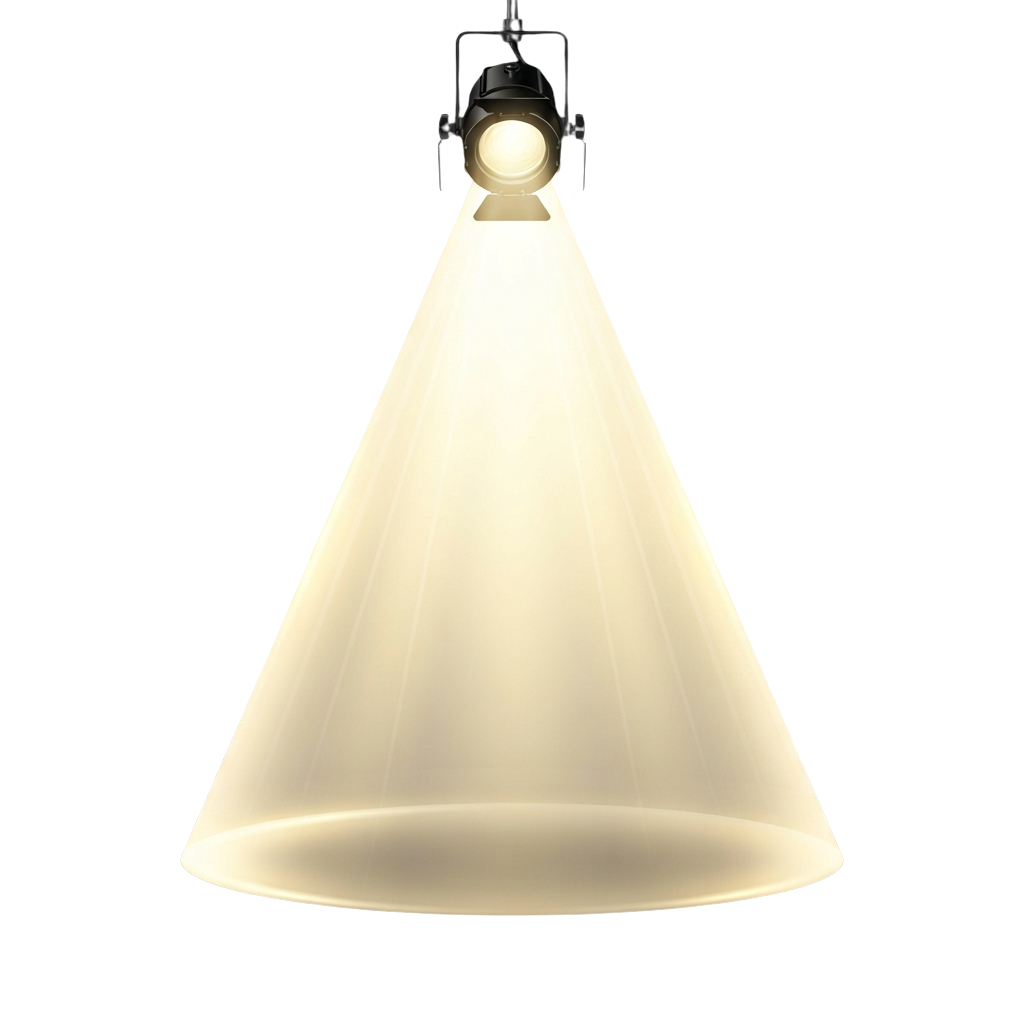 A spotlight mounted on a black fixture emitting a bright, focused light beam.