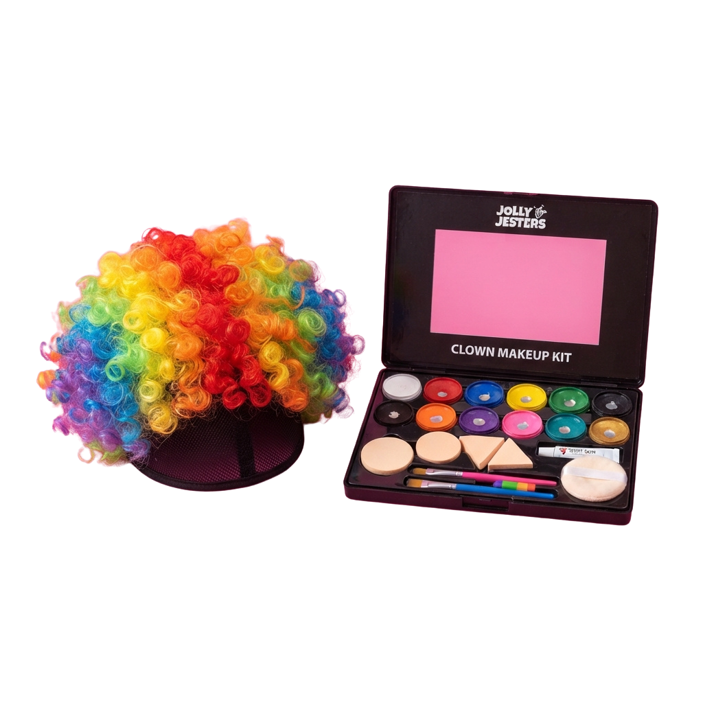 Multicolored curly clown wig next to an open makeup kit with various colors and tools