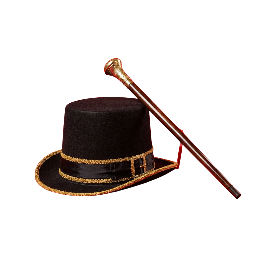 A black top hat with gold trim and a matching cane with a brass tip on a dark background