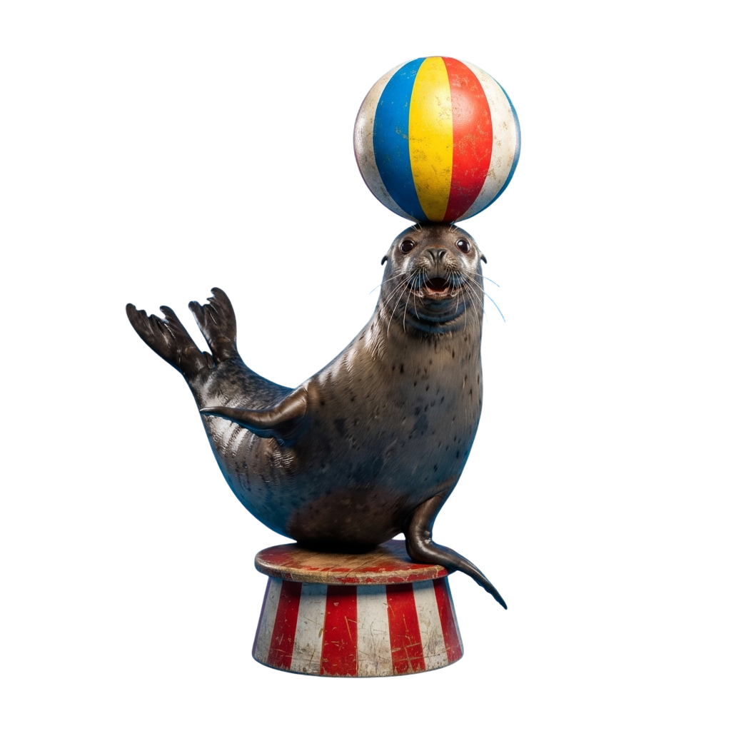 A cartoon seal balancing a colorful beach ball on its nose while standing on a striped pedestal.