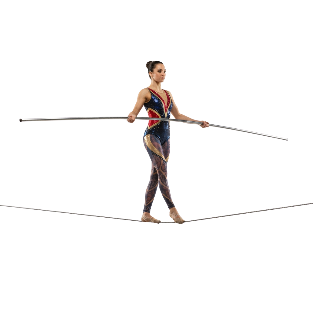 Gymnast balancing on a tightrope while holding a long pole horizontally with both hands