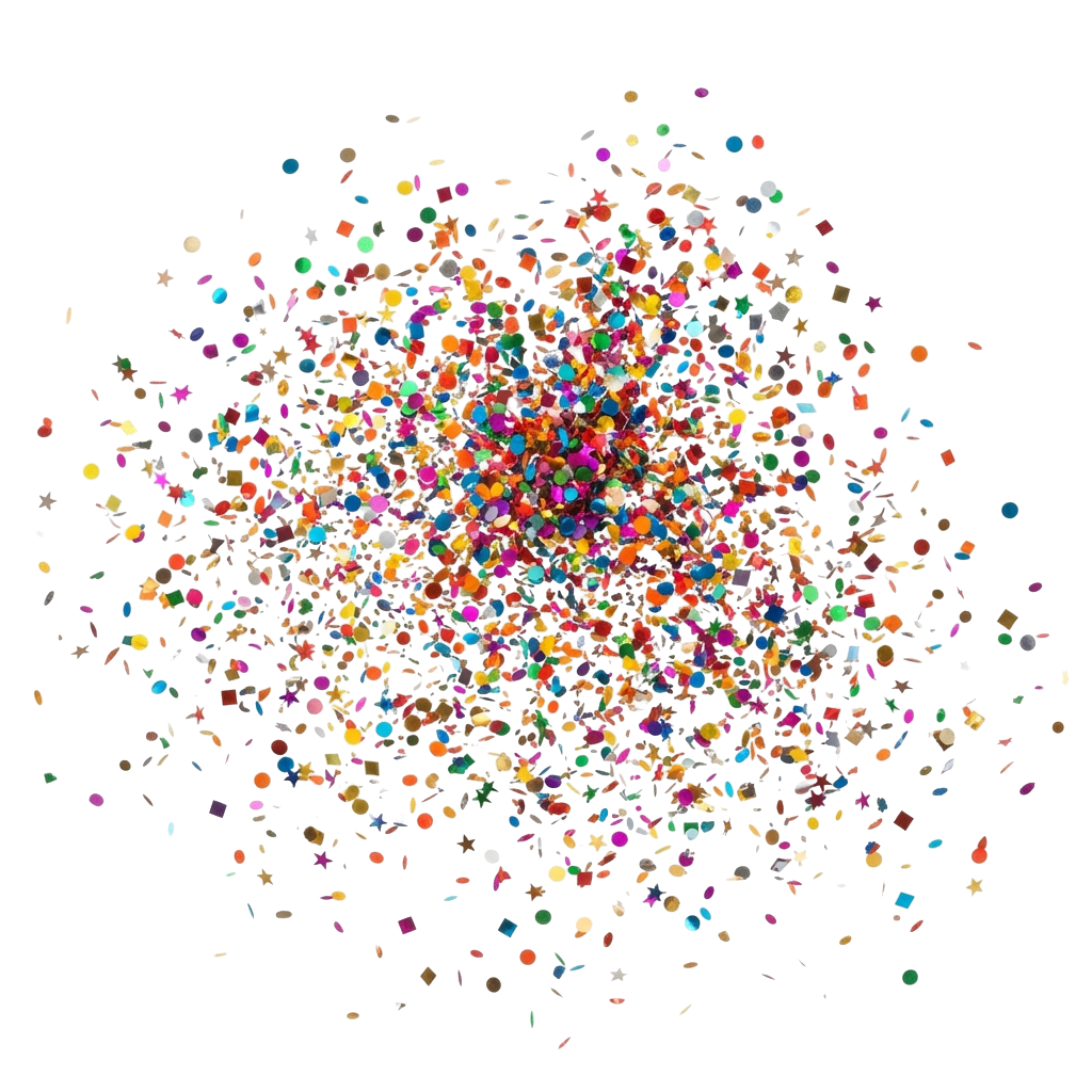 A vibrant burst of multicolored confetti shapes on a black background