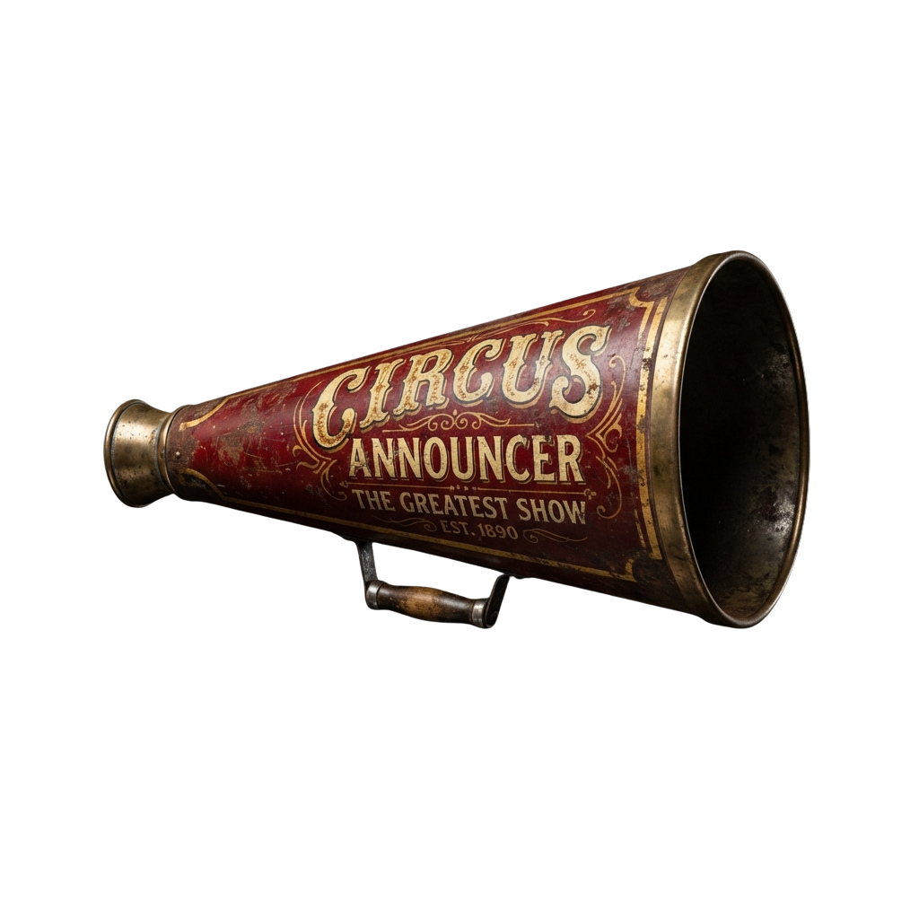 Antique brass and red circus announcer megaphone with gold lettering reading Circus Announcer The Greatest Show Est 1890