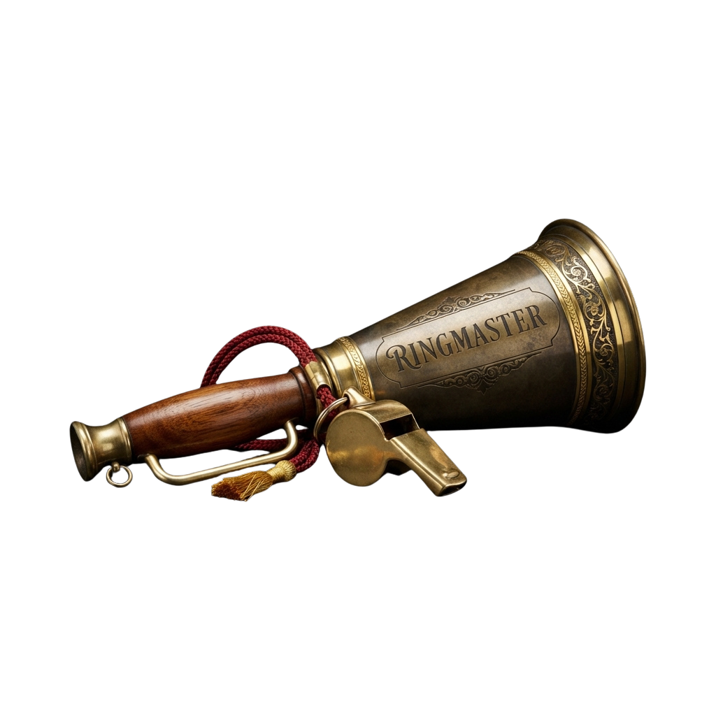 A brass-colored ringmaster megaphone with a wooden handle and decorative red cord