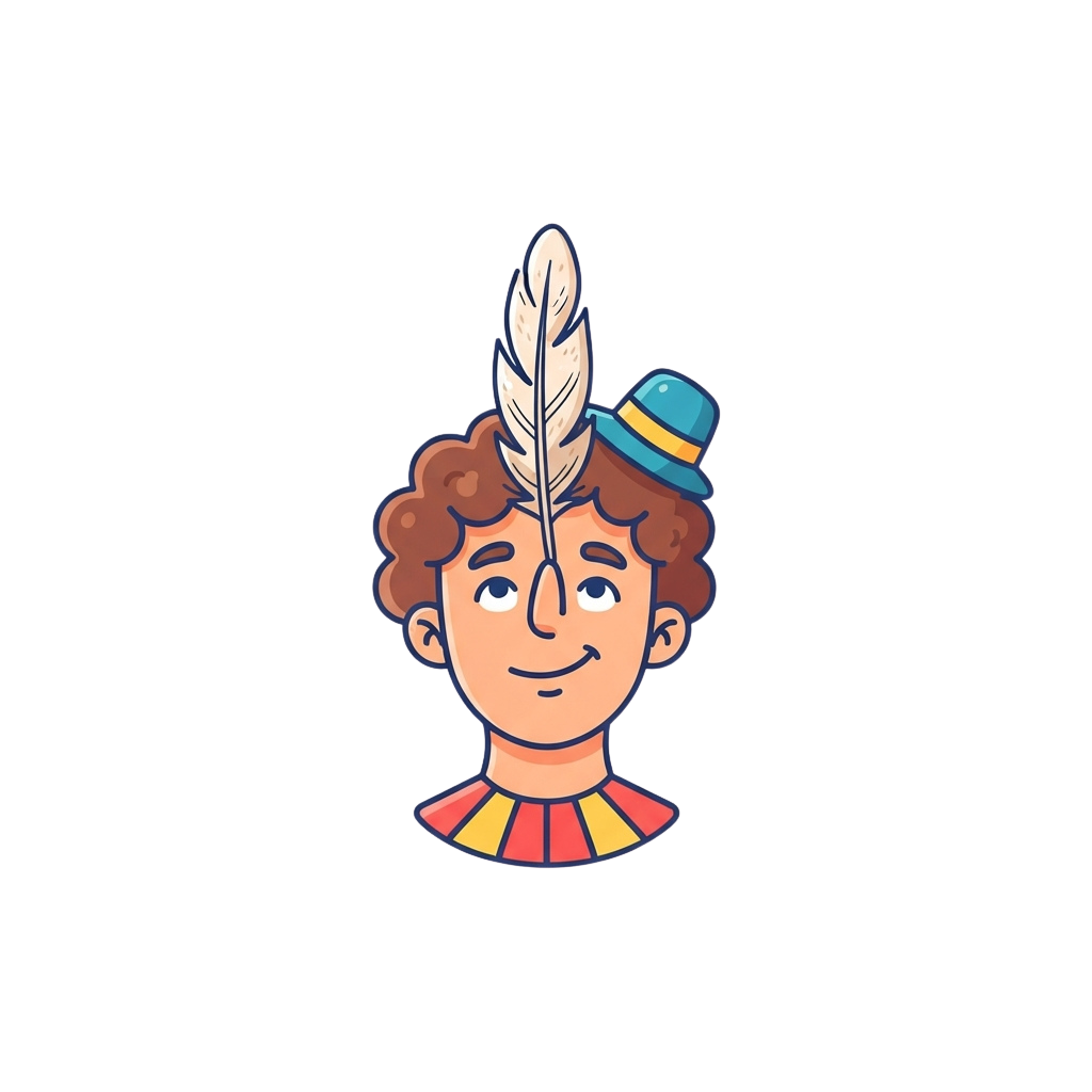 Smiling cartoon character wearing a blue hat with a white feather on head and colorful shoulder bands