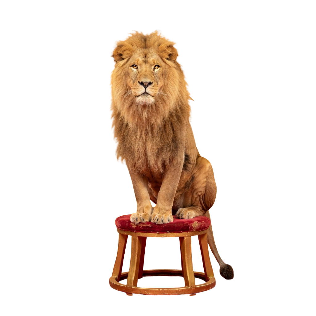A lion sitting upright on a red cushion atop a wooden stool against a black background