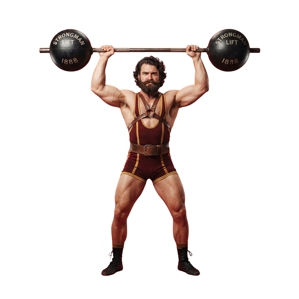 A muscular man in vintage strongman attire lifting a heavy barbell overhead with both hands.