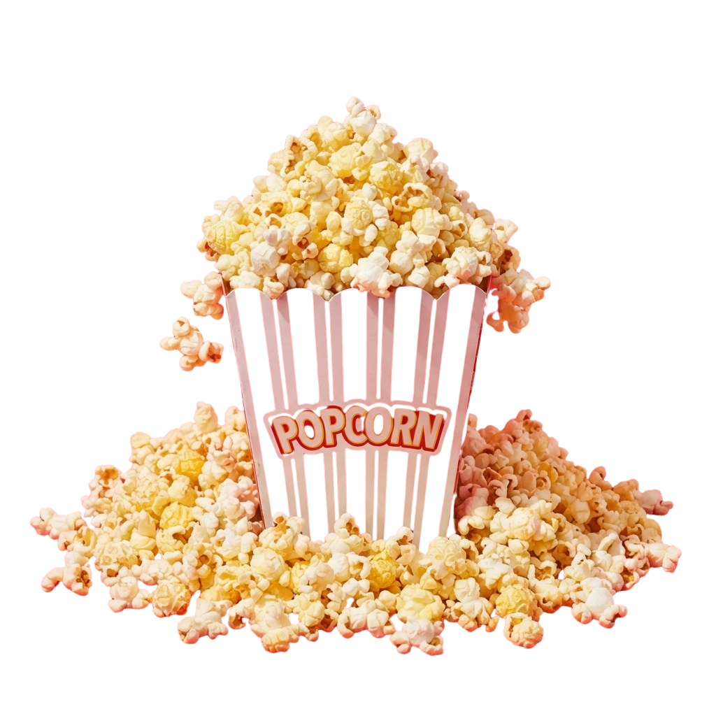 A popcorn bucket filled with fluffy white popcorn against a black background