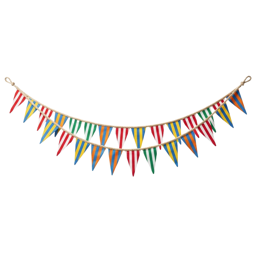 A festive string of triangular paper pennants in red, blue, green, and yellow stripes hanging on a white rope.