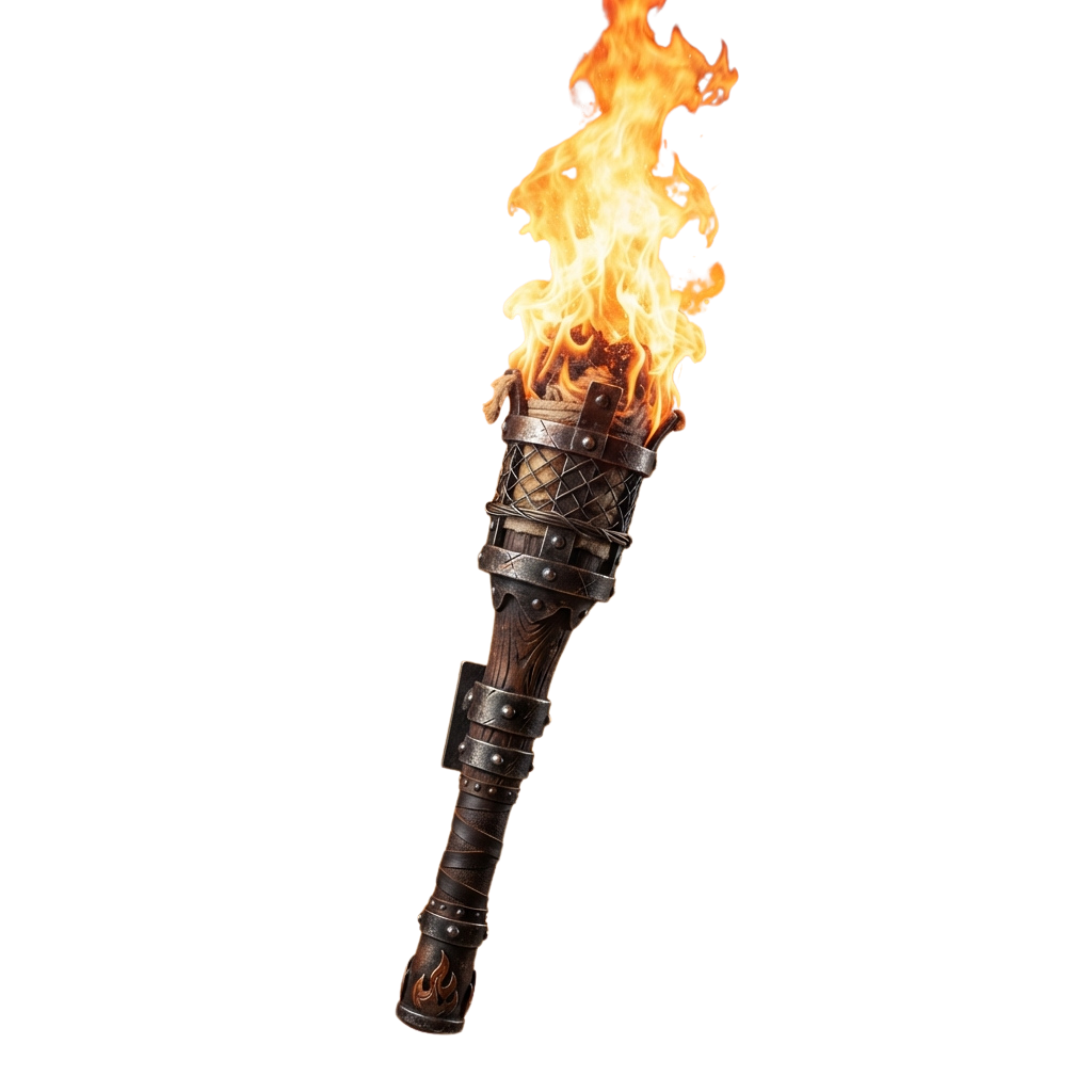 A torch wrapped in leather and metal bands burning with bright orange flames against a dark background