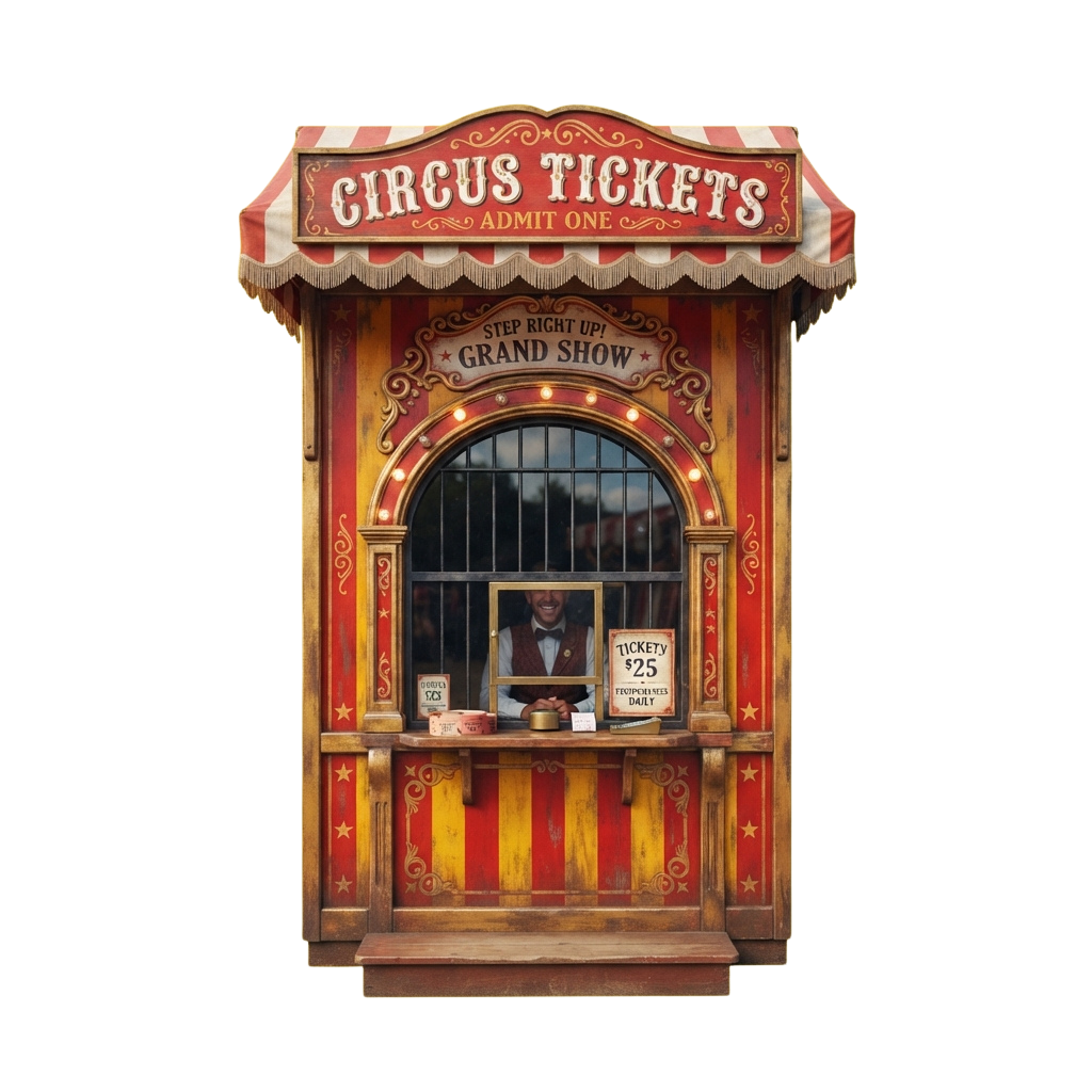 A vintage-style circus ticket booth with a sign reading Circus Tickets Admit One and Step Right Up Grand Show