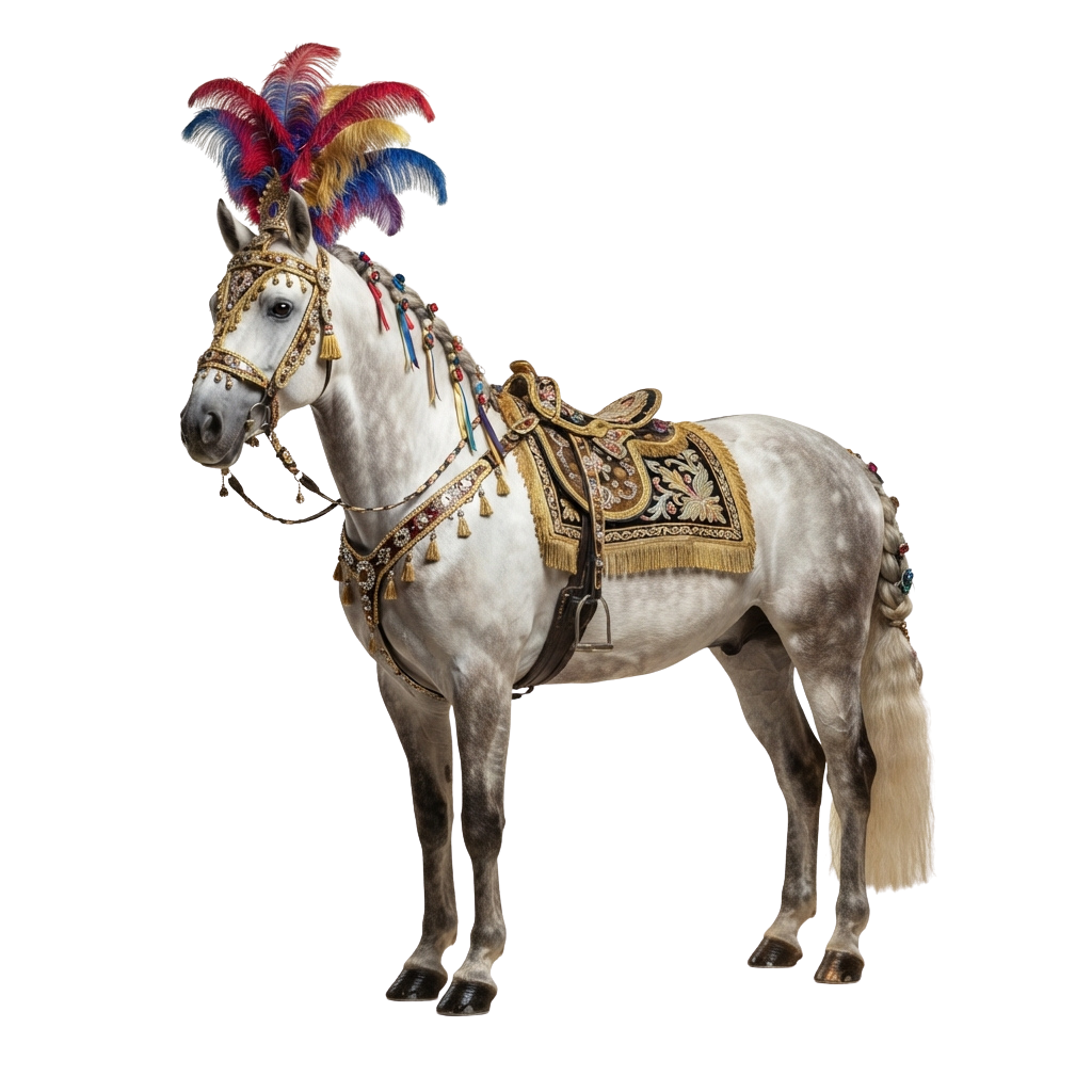 White horse adorned with intricate golden saddle and colorful feathered headpiece