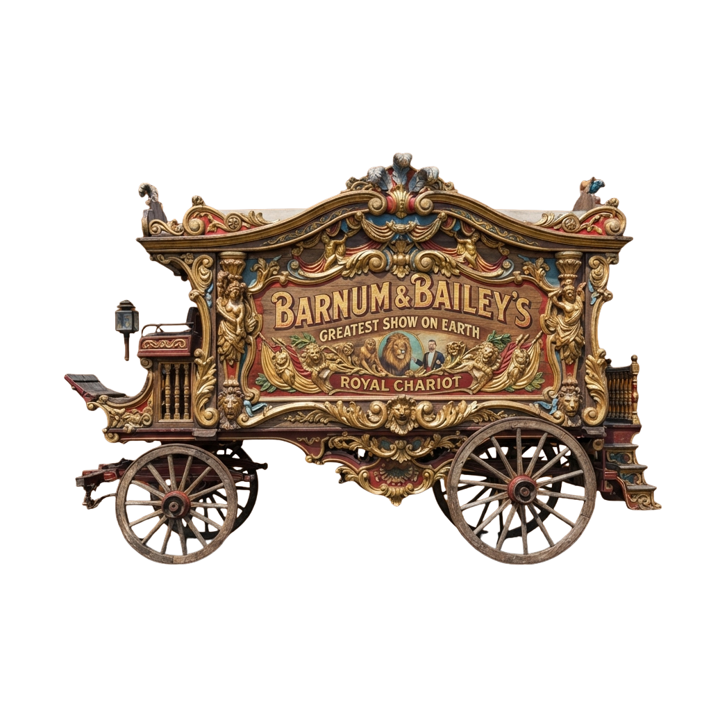 Elaborately decorated vintage circus chariot with ornate gold and red detailing, labeled Greatest Show on Earth