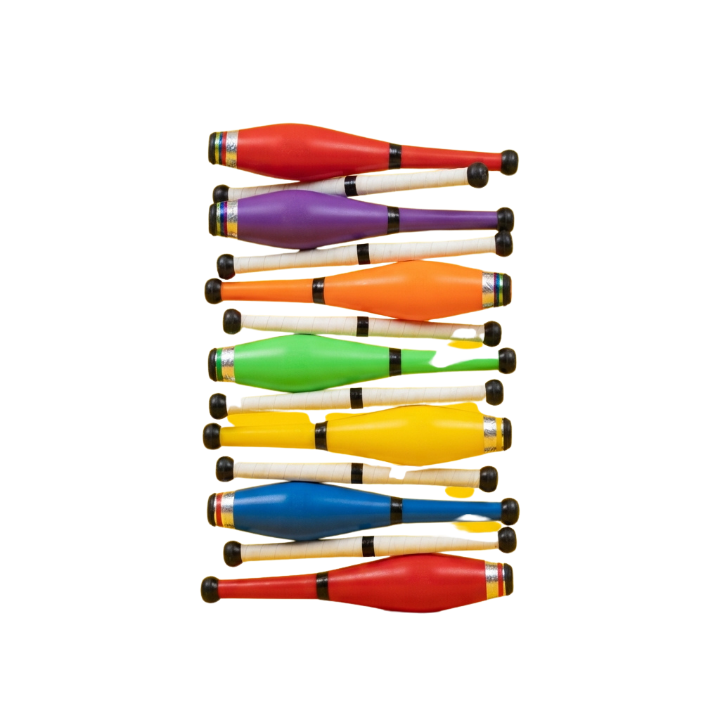 Seven vertically stacked, colorful rocket-shaped bottles with black caps and white bases against a black background