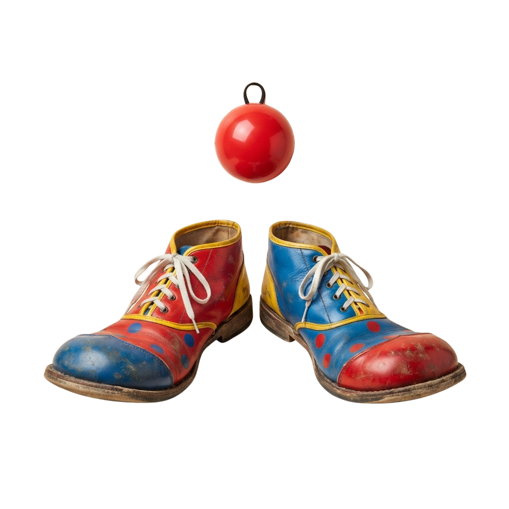 Two mismatched clown shoes in red and blue with yellow accents and a red buoy floating above them