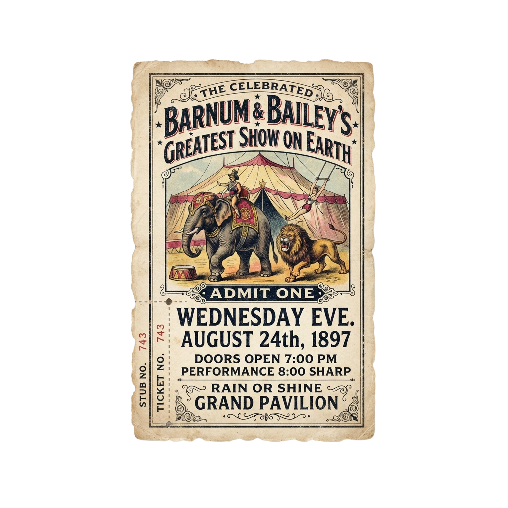 Vintage circus ticket from 1897 featuring a performer with an elephant and lion under a tent