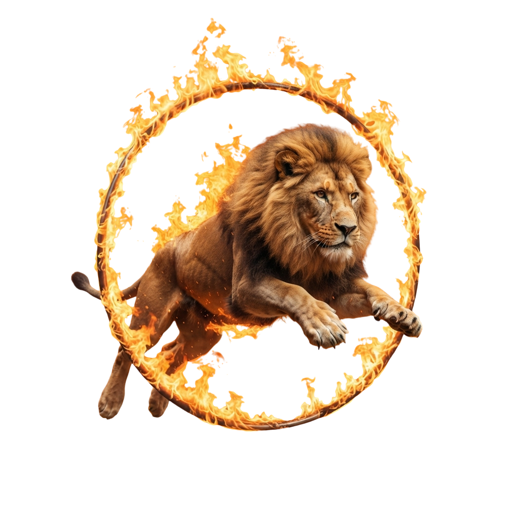 A lion in mid-leap encircled by a ring of fire against a black background