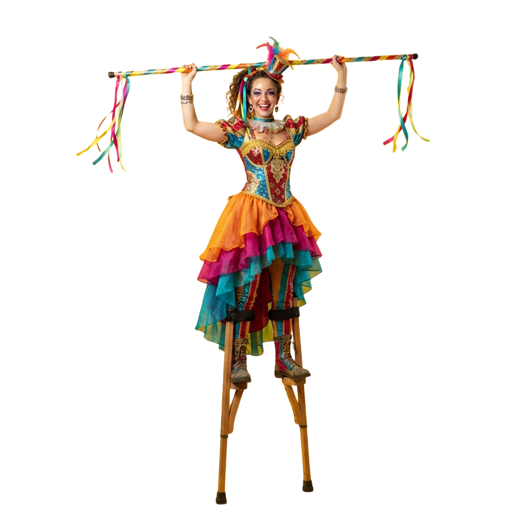 Person standing on stilts wearing a vibrant costume and holding rainbow ribbons above their head