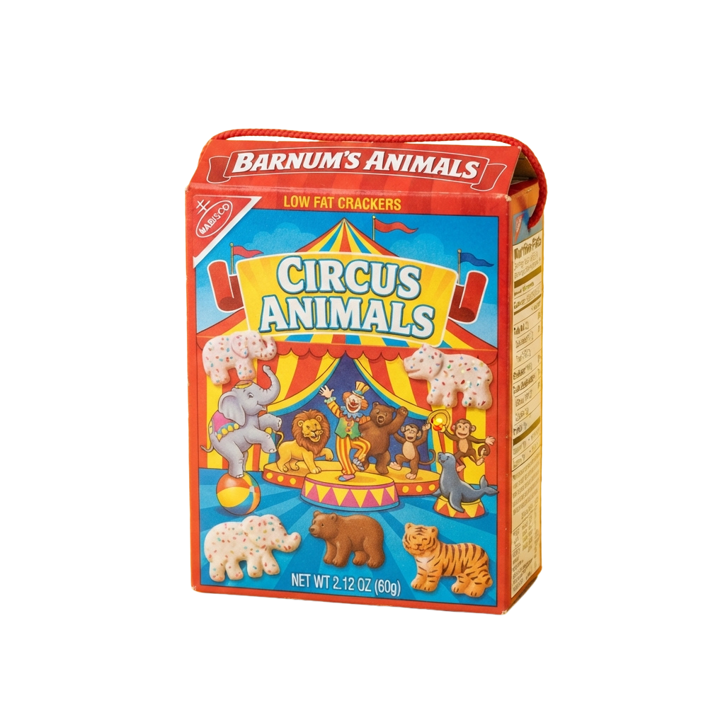 Colorful box of Barnum's Animals Circus themed low-fat crackers featuring circus animals and performers